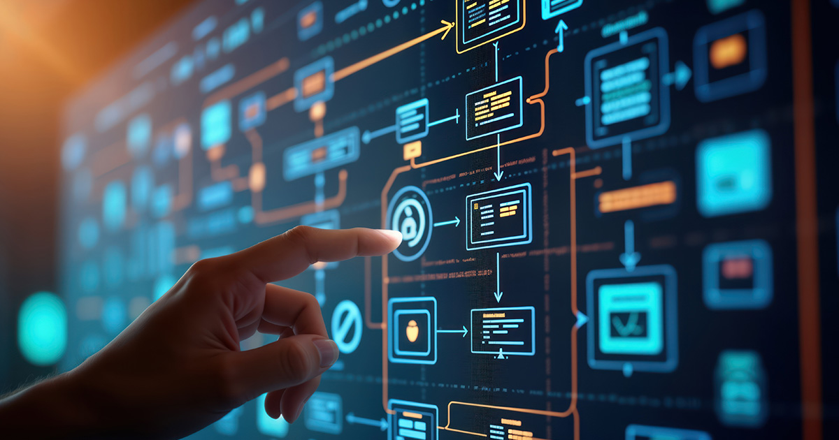 Die Hand interagiert mit dem interaktiven Datenbankbildschirm. Visuelle Darstellung des Navigationsprozesses.